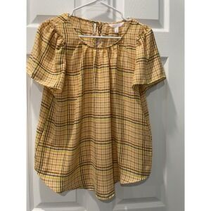 LC Lauren Conrad Plaid Blouse Ruffle Sleeve Lightweight Top Yellow‎ Size S